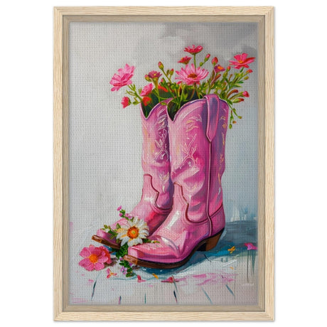 Blossom Boots: A Whimsical Celebration of Color and Charm | Contemporary Whimsical Art - Framed Canvas - 30x45 cm / 12x18″ - Wood frame