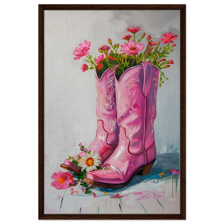 Blossom Boots: A Whimsical Celebration of Color and Charm | Contemporary Whimsical Art - Framed Canvas - 60x90 cm / 24x36″ - Dark wood frame