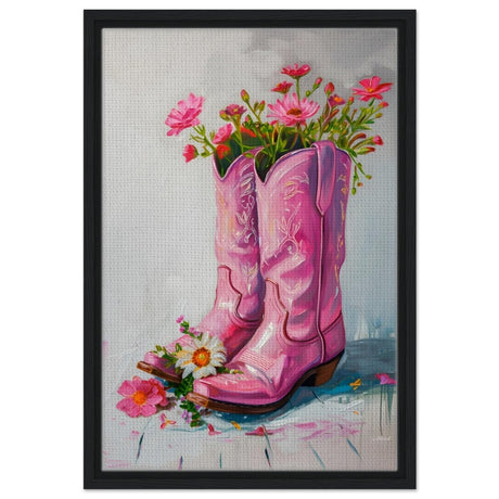 Blossom Boots: A Whimsical Celebration of Color and Charm | Contemporary Whimsical Art - Framed Canvas - 40x60 cm / 16x24″ - Black frame