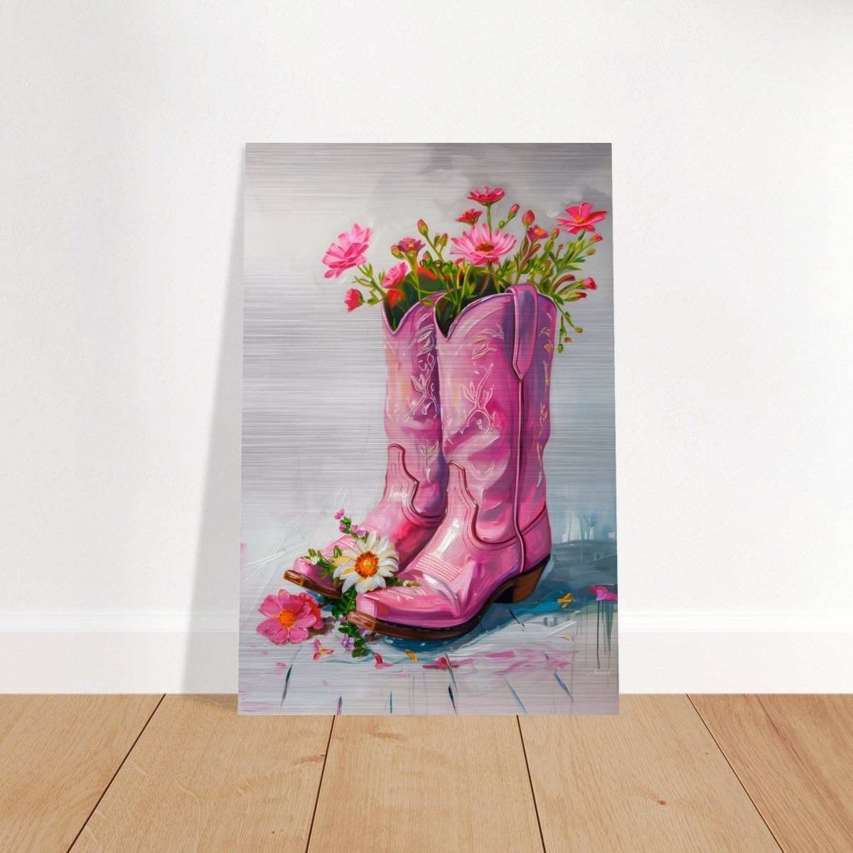 Blossom Boots: A Whimsical Celebration of Color and Charm | Contemporary Whimsical Art - Brushed Aluminum Print - 40x60 cm / 16x24″ - 
