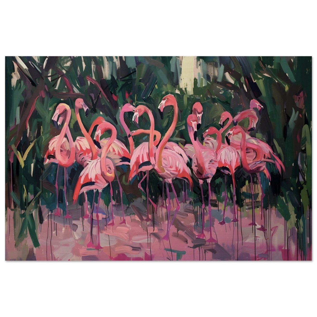 Blush Lagoon: The Flamingo Ballet | Abstract Expressionist Wildlife Art - Wood Prints - 30x45 cm / 12x18″ - 