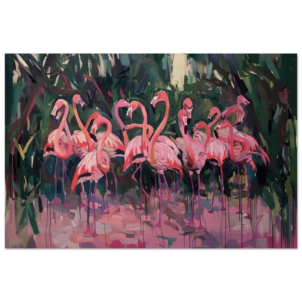 Blush Lagoon: The Flamingo Ballet | Abstract Expressionist Wildlife Art - Wood Prints - 60x90 cm / 24x36″ - 