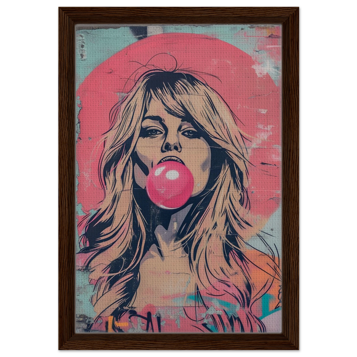 "Bubblegum Bardot" – Urban Pop Art Wall Print - Framed Canvas - 30x45 cm / 12x18″ - Dark wood frame