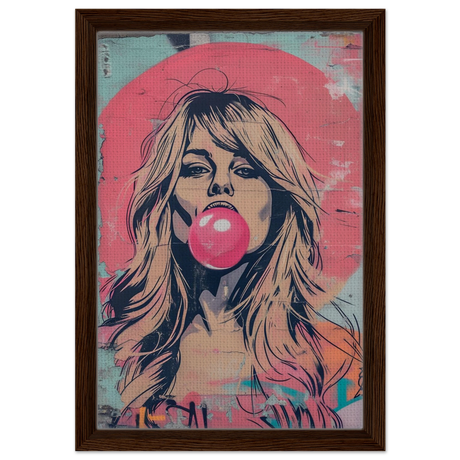 "Bubblegum Bardot" – Urban Pop Art Wall Print - Framed Canvas - 30x45 cm / 12x18″ - Dark wood frame