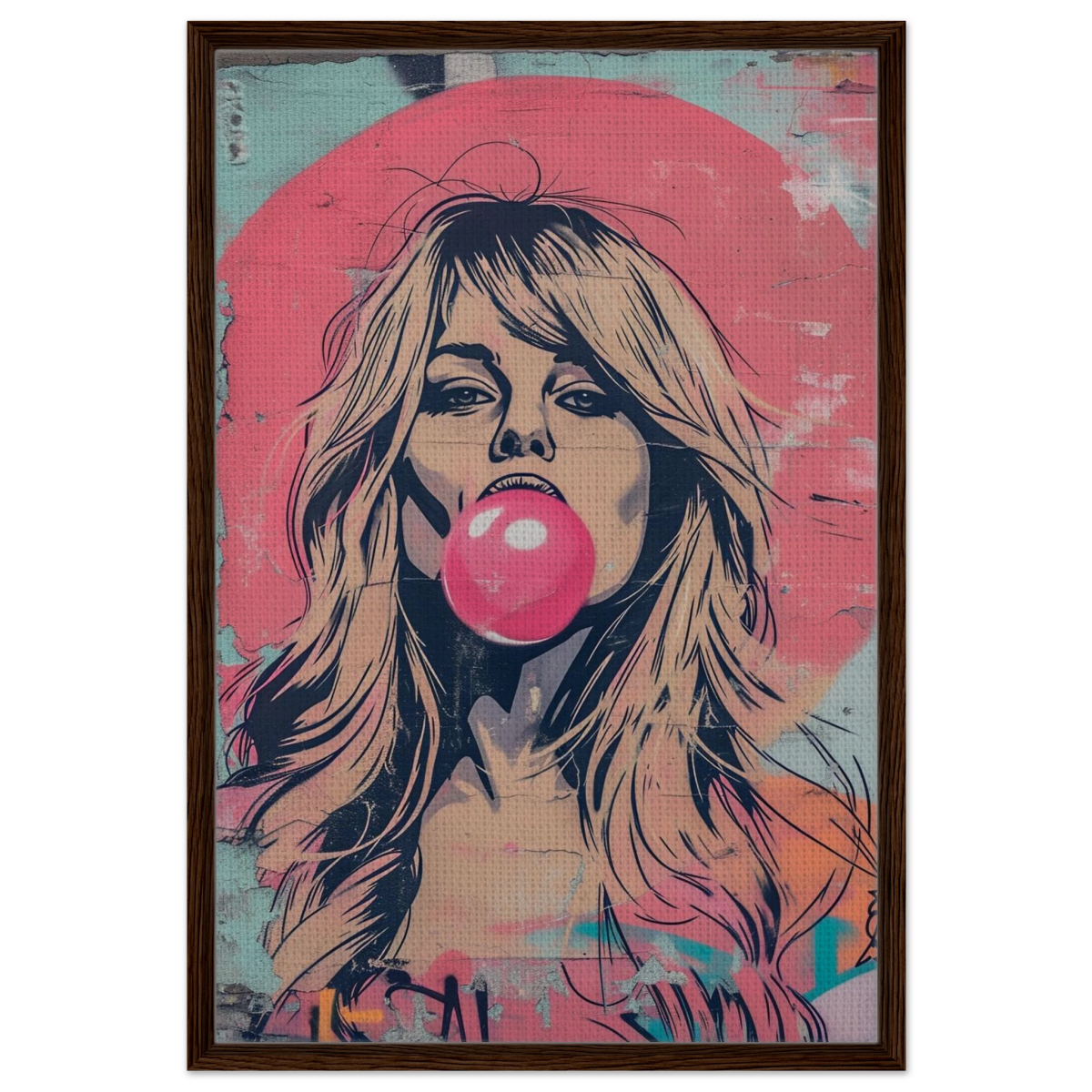 "Bubblegum Bardot" – Urban Pop Art Wall Print - Framed Canvas - 60x90 cm / 24x36″ - Dark wood frame