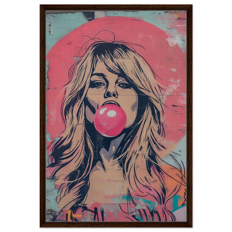 "Bubblegum Bardot" – Urban Pop Art Wall Print - Framed Canvas - 60x90 cm / 24x36″ - Dark wood frame