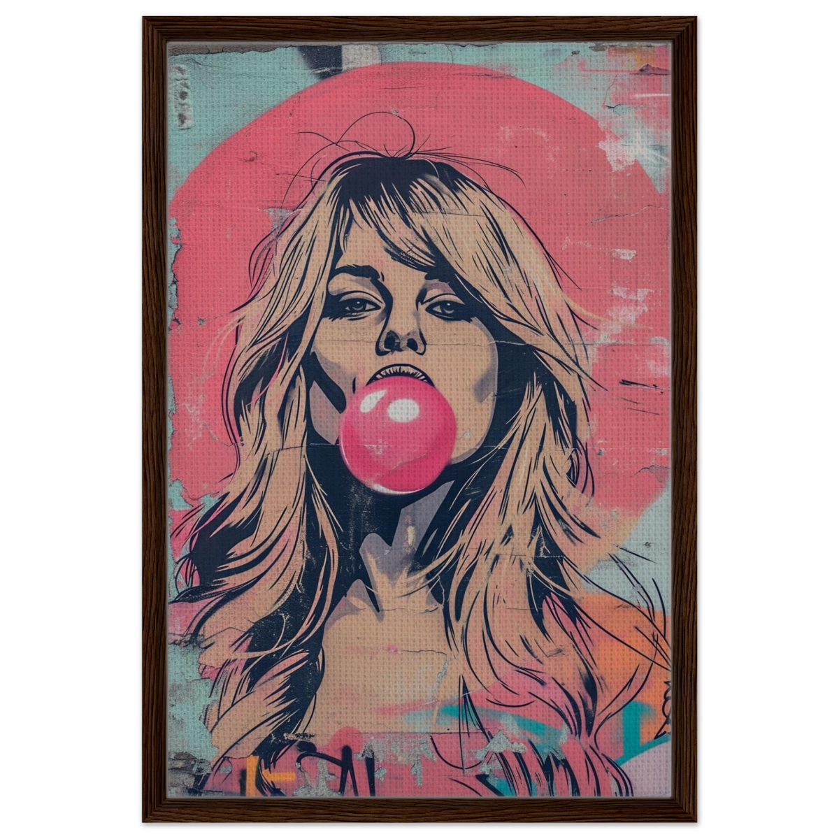 "Bubblegum Bardot" – Urban Pop Art Wall Print - Framed Canvas - 50x75 cm / 20x30″ - Dark wood frame