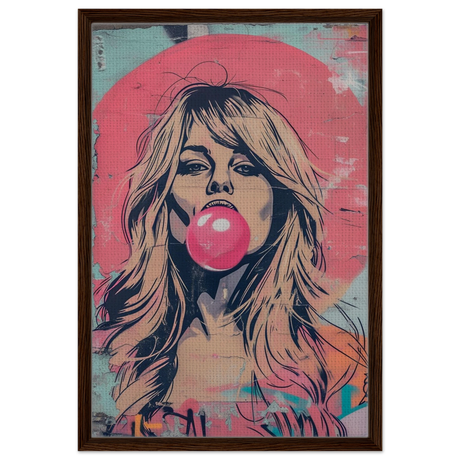 "Bubblegum Bardot" – Urban Pop Art Wall Print - Framed Canvas - 50x75 cm / 20x30″ - Dark wood frame