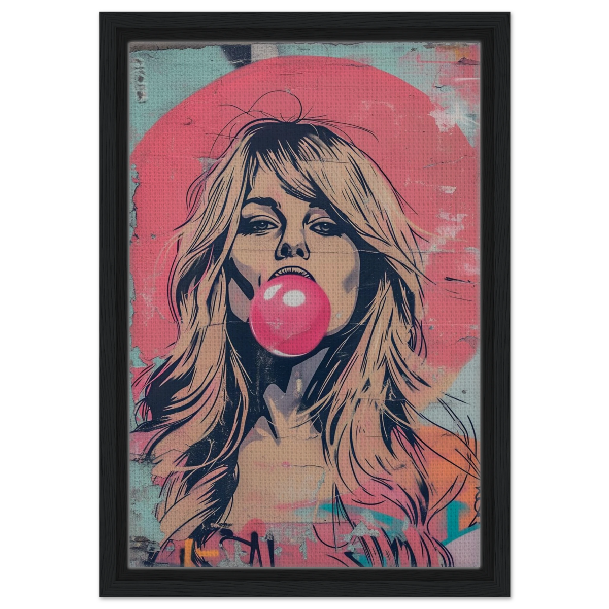 "Bubblegum Bardot" – Urban Pop Art Wall Print - Framed Canvas - 30x45 cm / 12x18″ - Black frame