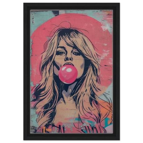 "Bubblegum Bardot" – Urban Pop Art Wall Print - Framed Canvas - 30x45 cm / 12x18″ - Black frame