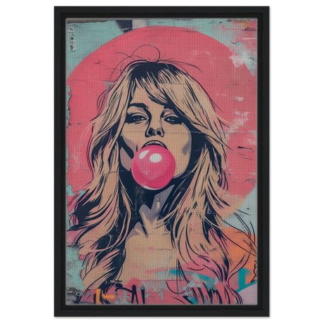 "Bubblegum Bardot" – Urban Pop Art Wall Print - Framed Canvas - 40x60 cm / 16x24″ - Black frame