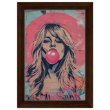 "Bubblegum Bardot" – Urban Pop Art Wall Print - Framed Canvas - 20x30 cm / 8x12″ - Dark wood frame