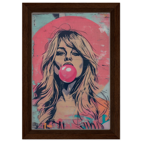 "Bubblegum Bardot" – Urban Pop Art Wall Print - Framed Canvas - 20x30 cm / 8x12″ - Dark wood frame