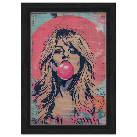 "Bubblegum Bardot" – Urban Pop Art Wall Print - Framed Canvas - 20x30 cm / 8x12″ - Black frame