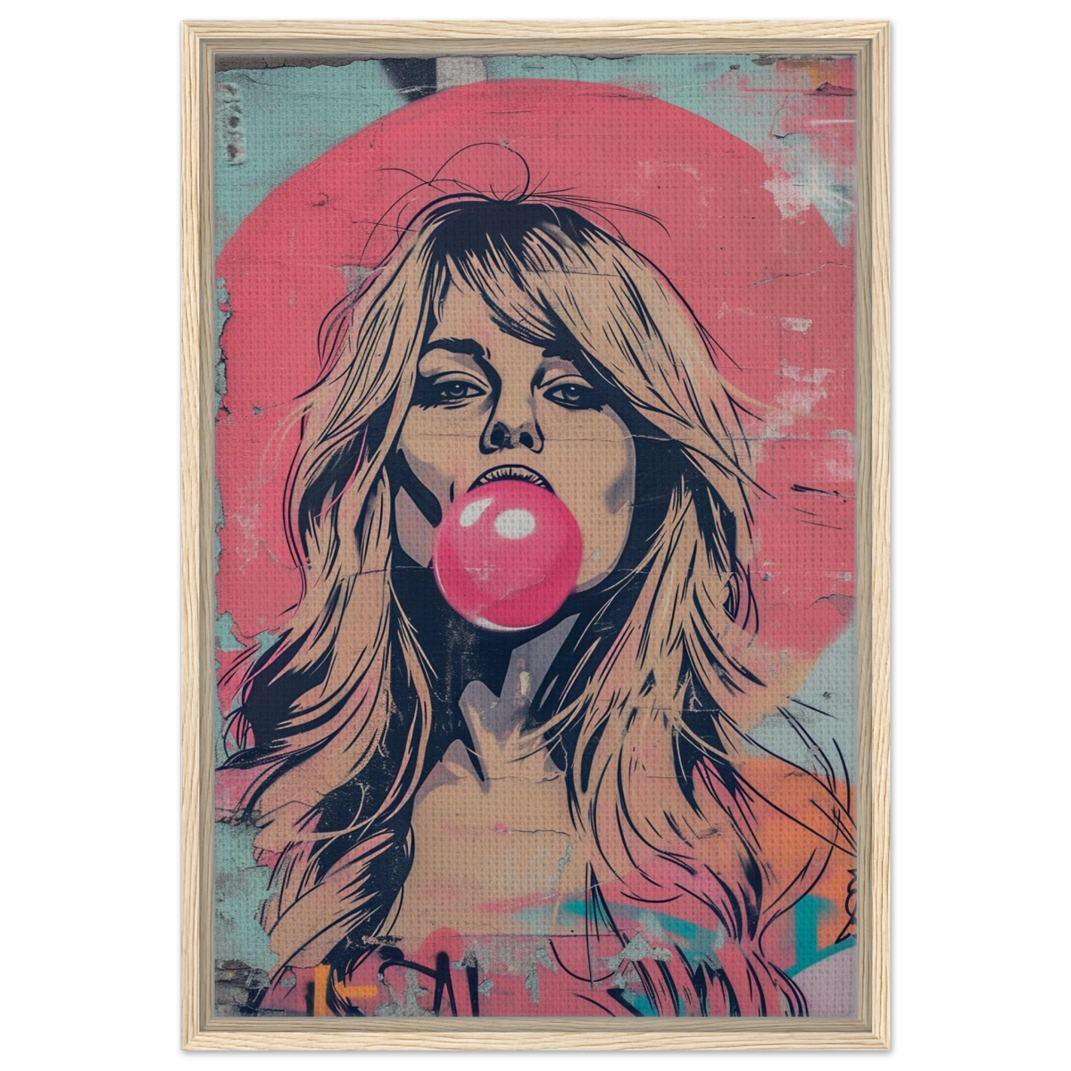 "Bubblegum Bardot" – Urban Pop Art Wall Print - Framed Canvas - 50x75 cm / 20x30″ - Wood frame