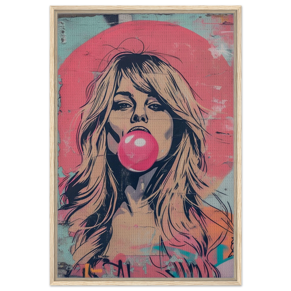 "Bubblegum Bardot" – Urban Pop Art Wall Print - Framed Canvas - 60x90 cm / 24x36″ - Wood frame