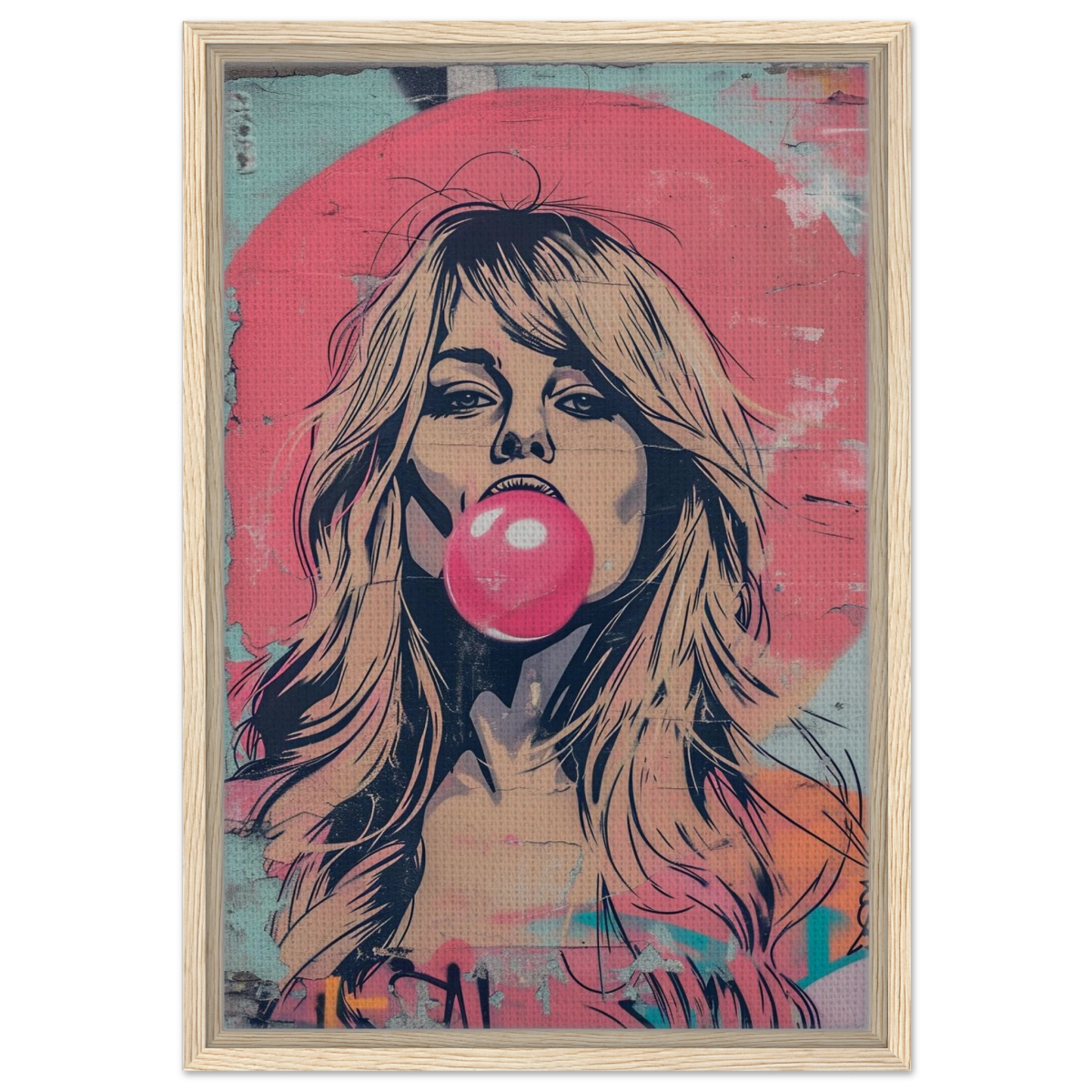 "Bubblegum Bardot" – Urban Pop Art Wall Print - Framed Canvas - 40x60 cm / 16x24″ - Wood frame