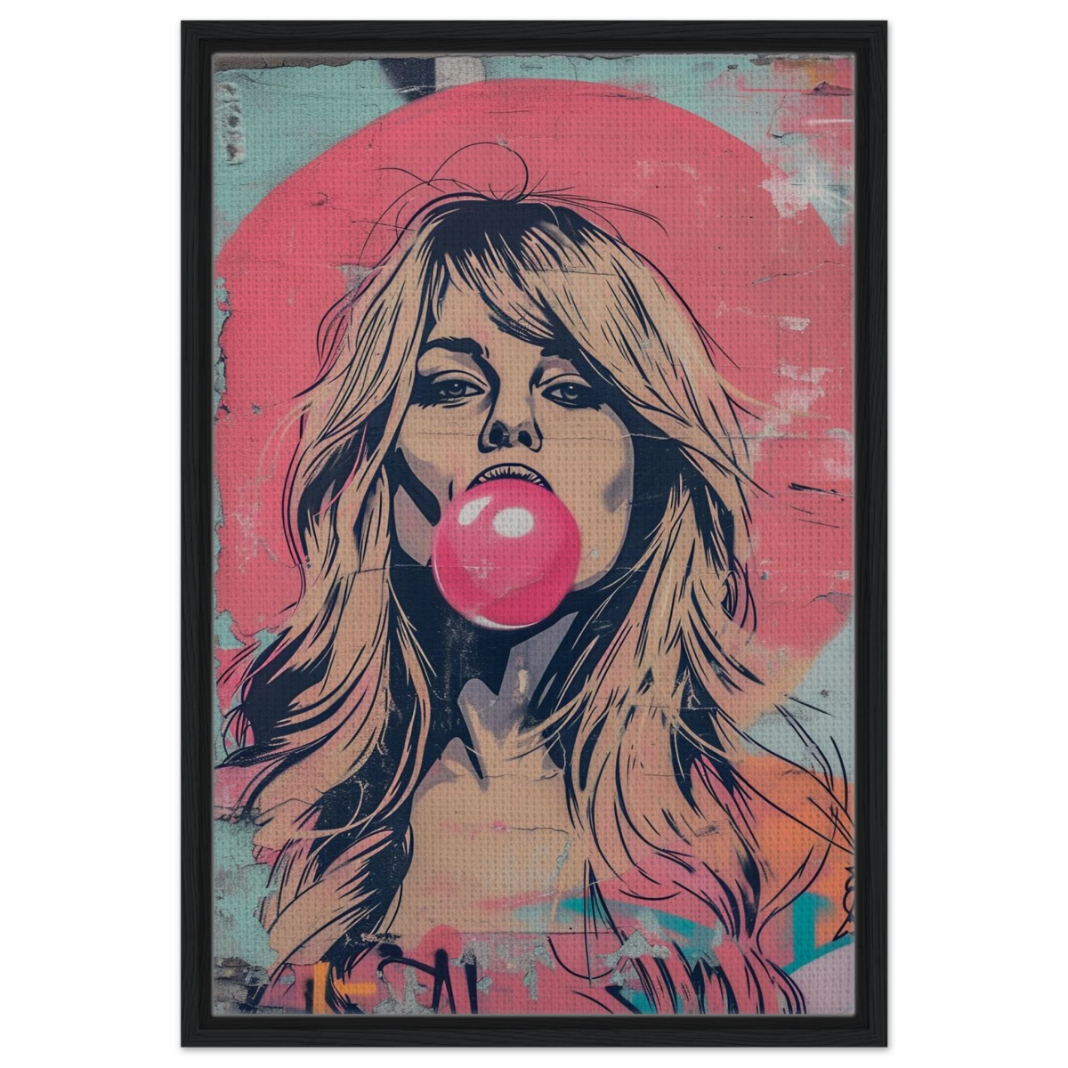 "Bubblegum Bardot" – Urban Pop Art Wall Print - Framed Canvas - 50x75 cm / 20x30″ - Black frame
