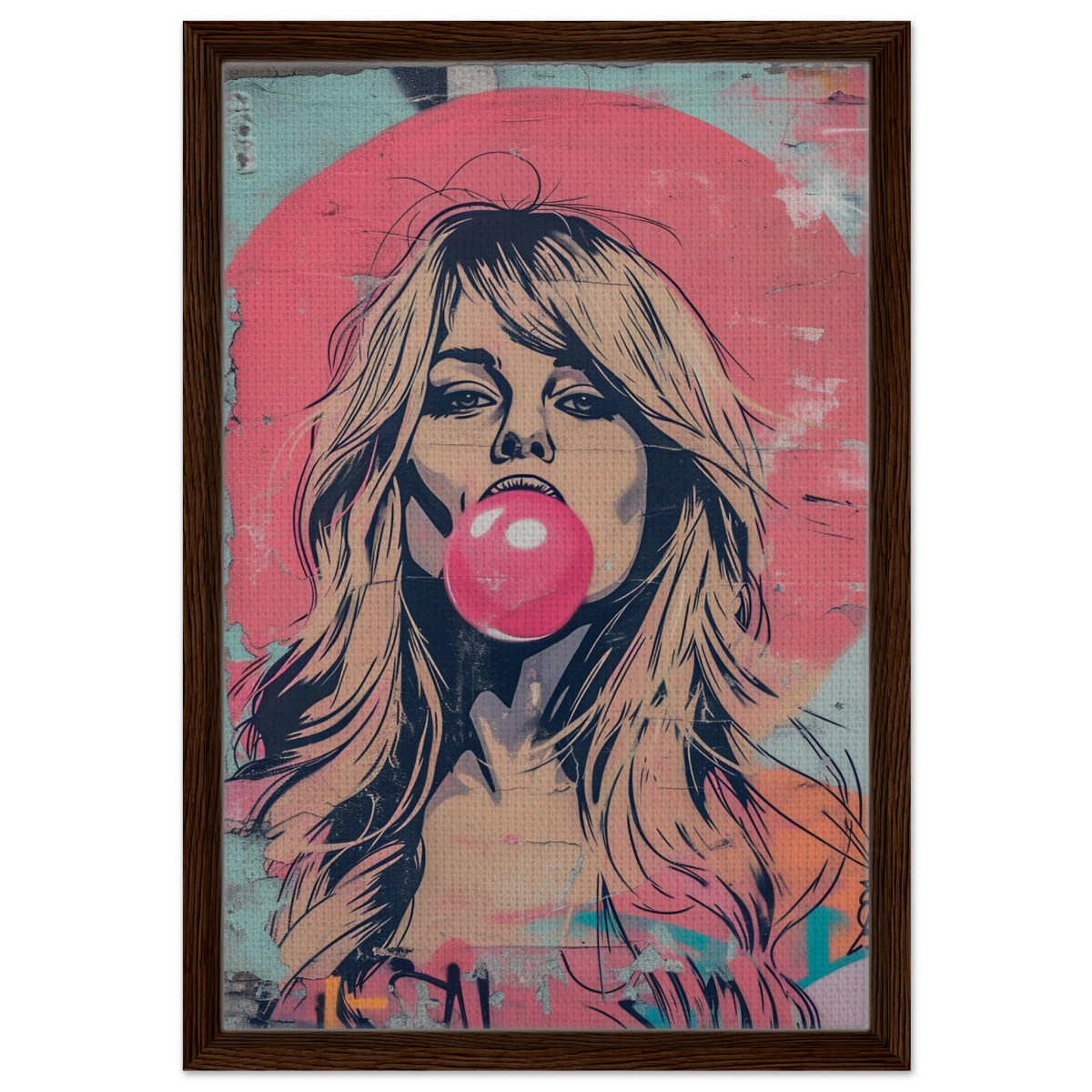 "Bubblegum Bardot" – Urban Pop Art Wall Print - Framed Canvas - 40x60 cm / 16x24″ - Dark wood frame