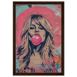 "Bubblegum Bardot" – Urban Pop Art Wall Print - Framed Canvas - 40x60 cm / 16x24″ - Dark wood frame