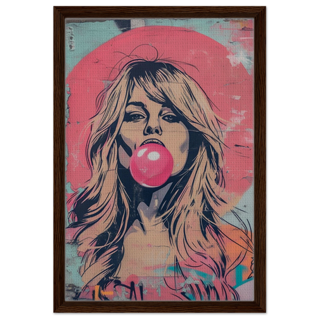 "Bubblegum Bardot" – Urban Pop Art Wall Print - Framed Canvas - 40x60 cm / 16x24″ - Dark wood frame