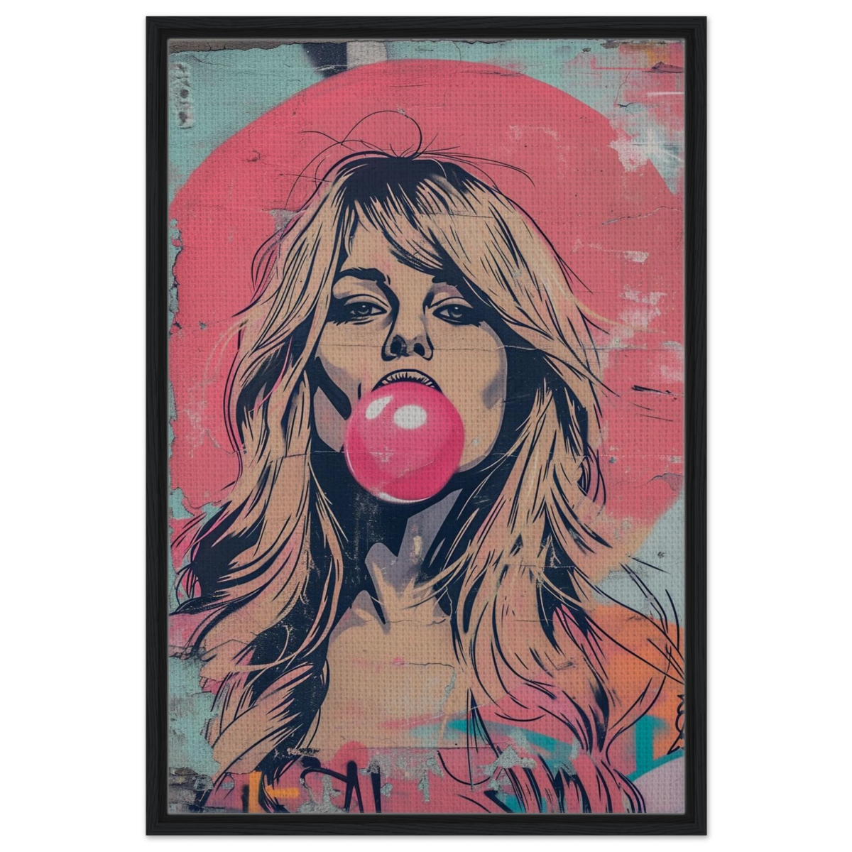 "Bubblegum Bardot" – Urban Pop Art Wall Print - Framed Canvas - 60x90 cm / 24x36″ - Black frame