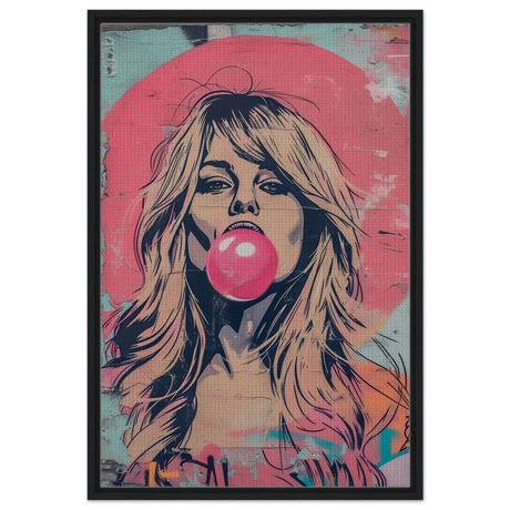 "Bubblegum Bardot" – Urban Pop Art Wall Print - Framed Canvas - 60x90 cm / 24x36″ - Black frame