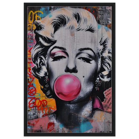 "Bubblegum Marilyn" – Pop Art Street Style Wall Print - Framed Canvas - 60x90 cm / 24x36″ - Black frame