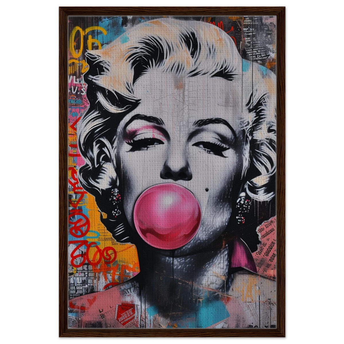 "Bubblegum Marilyn" – Pop Art Street Style Wall Print - Framed Canvas - 60x90 cm / 24x36″ - Dark wood frame