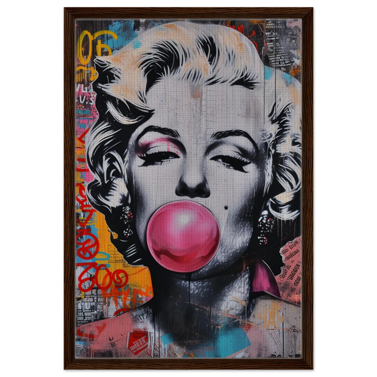 "Bubblegum Marilyn" – Pop Art Street Style Wall Print - Framed Canvas - 50x75 cm / 20x30″ - Dark wood frame