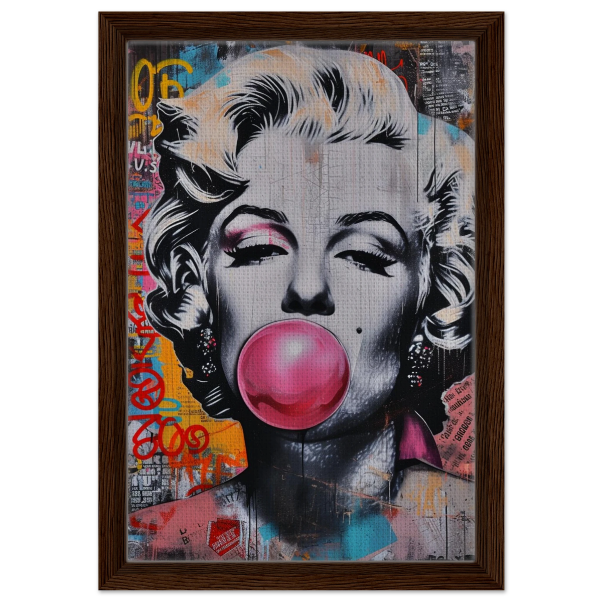 "Bubblegum Marilyn" – Pop Art Street Style Wall Print - Framed Canvas - 30x45 cm / 12x18″ - Dark wood frame
