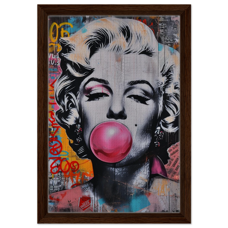 "Bubblegum Marilyn" – Pop Art Street Style Wall Print - Framed Canvas - 30x45 cm / 12x18″ - Dark wood frame