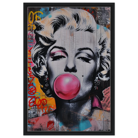 "Bubblegum Marilyn" – Pop Art Street Style Wall Print - Framed Canvas - 50x75 cm / 20x30″ - Black frame