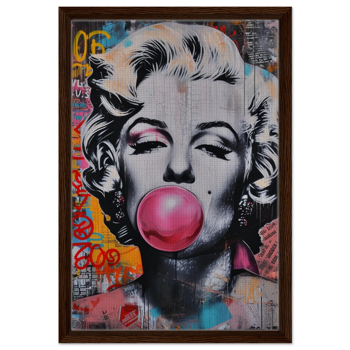 "Bubblegum Marilyn" – Pop Art Street Style Wall Print - Framed Canvas - 40x60 cm / 16x24″ - Dark wood frame