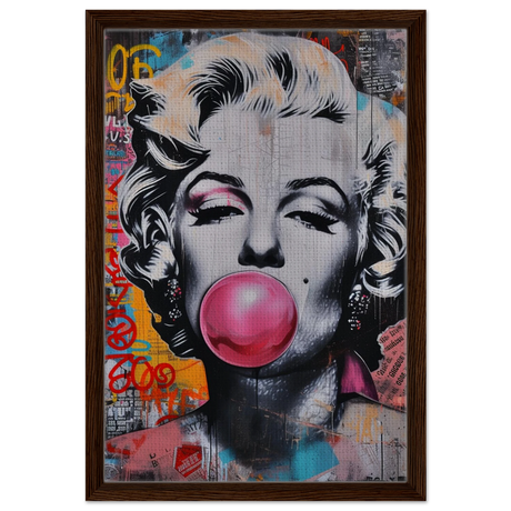 "Bubblegum Marilyn" – Pop Art Street Style Wall Print - Framed Canvas - 40x60 cm / 16x24″ - Dark wood frame