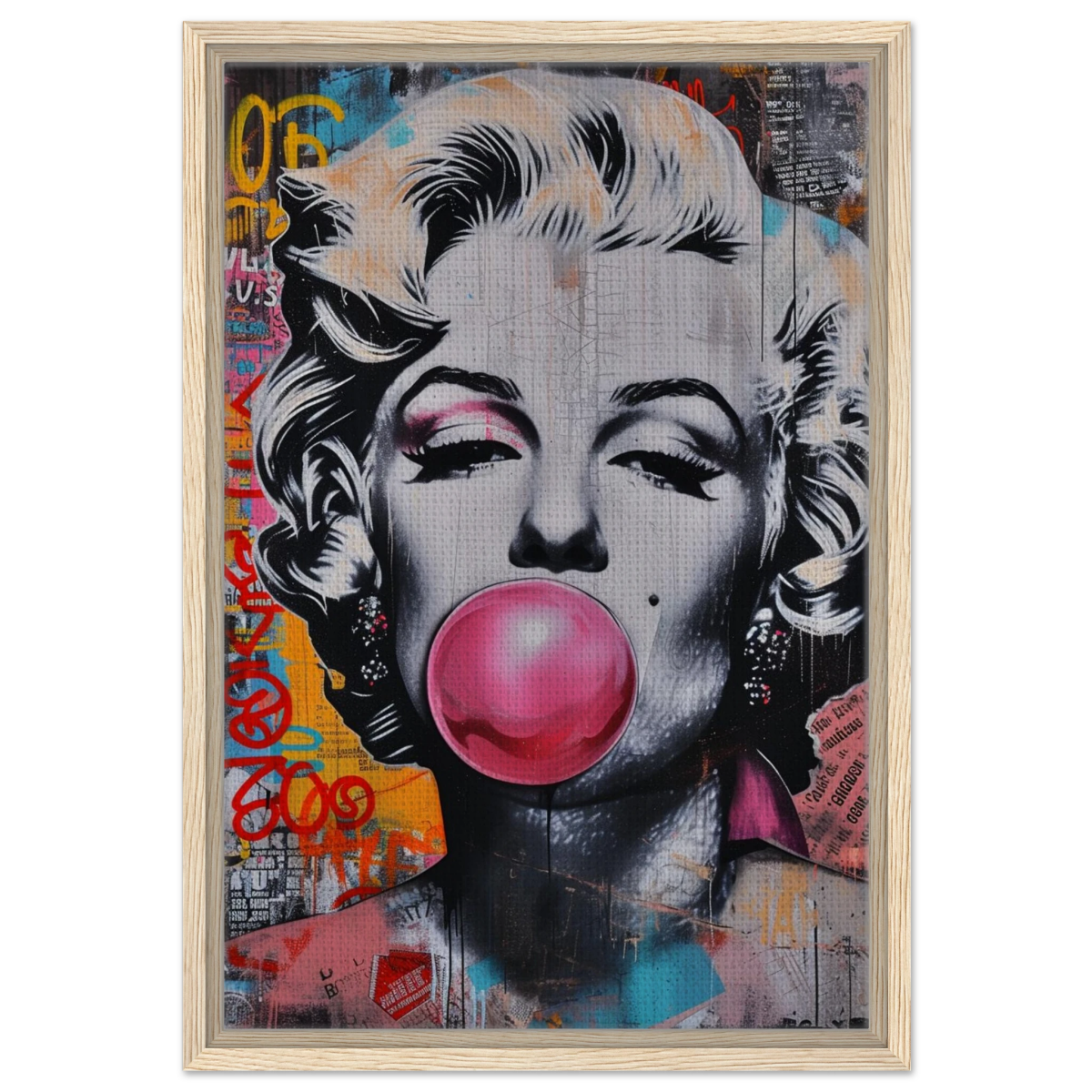 "Bubblegum Marilyn" – Pop Art Street Style Wall Print - Framed Canvas - 40x60 cm / 16x24″ - Wood frame