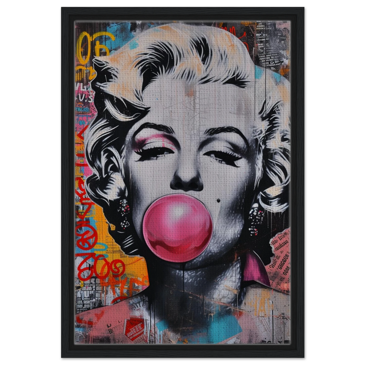 "Bubblegum Marilyn" – Pop Art Street Style Wall Print - Framed Canvas - 40x60 cm / 16x24″ - Black frame