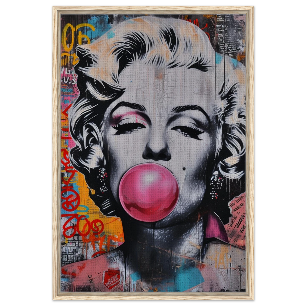 "Bubblegum Marilyn" – Pop Art Street Style Wall Print - Framed Canvas - 60x90 cm / 24x36″ - Wood frame