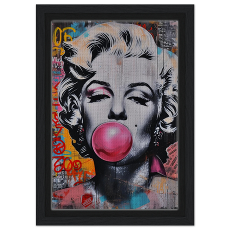 "Bubblegum Marilyn" – Pop Art Street Style Wall Print - Framed Canvas - 20x30 cm / 8x12″ - Black frame