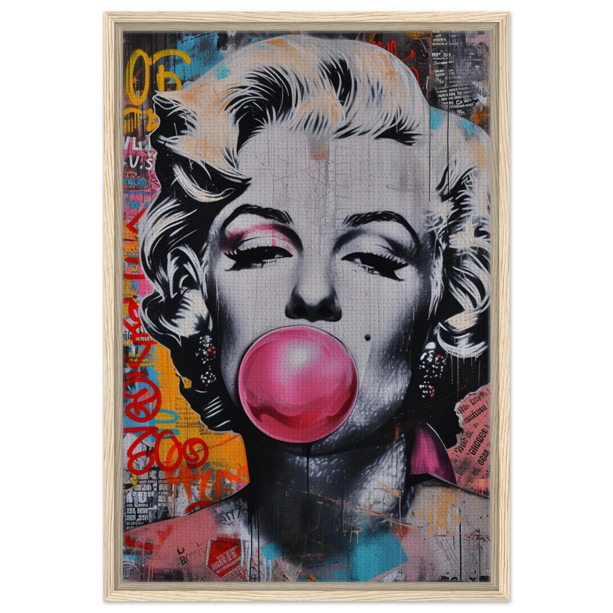 "Bubblegum Marilyn" – Pop Art Street Style Wall Print - Framed Canvas - 50x75 cm / 20x30″ - Wood frame