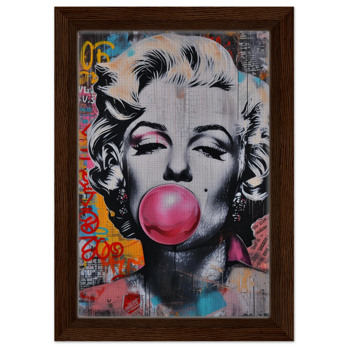 "Bubblegum Marilyn" – Pop Art Street Style Wall Print - Framed Canvas - 20x30 cm / 8x12″ - Dark wood frame