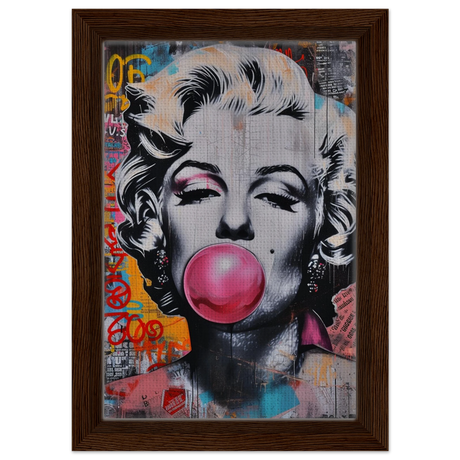 "Bubblegum Marilyn" – Pop Art Street Style Wall Print - Framed Canvas - 20x30 cm / 8x12″ - Dark wood frame