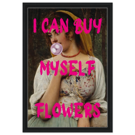 "Bubblegum Venus – I Can Buy Myself Flowers" | Pop Art Renaissance Remix - Framed Canvas - 40x60 cm / 16x24″ - Black frame