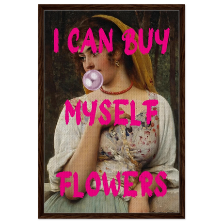 "Bubblegum Venus – I Can Buy Myself Flowers" | Pop Art Renaissance Remix - Framed Canvas - 60x90 cm / 24x36″ - Dark wood frame