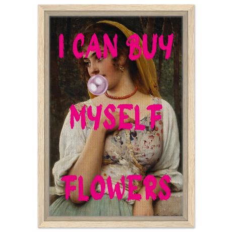 "Bubblegum Venus – I Can Buy Myself Flowers" | Pop Art Renaissance Remix - Framed Canvas - 30x45 cm / 12x18″ - Wood frame