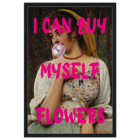 "Bubblegum Venus – I Can Buy Myself Flowers" | Pop Art Renaissance Remix - Framed Canvas - 60x90 cm / 24x36″ - Black frame