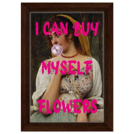 "Bubblegum Venus – I Can Buy Myself Flowers" | Pop Art Renaissance Remix - Framed Canvas - 20x30 cm / 8x12″ - Dark wood frame