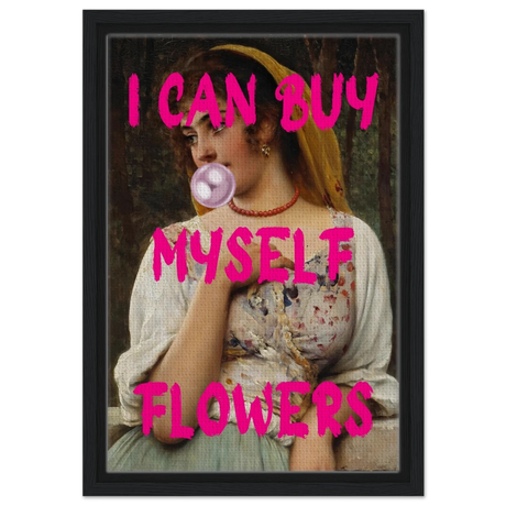 "Bubblegum Venus – I Can Buy Myself Flowers" | Pop Art Renaissance Remix - Framed Canvas - 30x45 cm / 12x18″ - Black frame