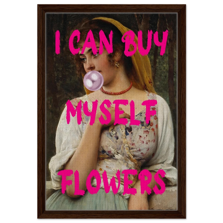 "Bubblegum Venus – I Can Buy Myself Flowers" | Pop Art Renaissance Remix - Framed Canvas - 40x60 cm / 16x24″ - Dark wood frame