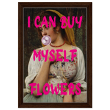 "Bubblegum Venus – I Can Buy Myself Flowers" | Pop Art Renaissance Remix - Framed Canvas - 30x45 cm / 12x18″ - Dark wood frame